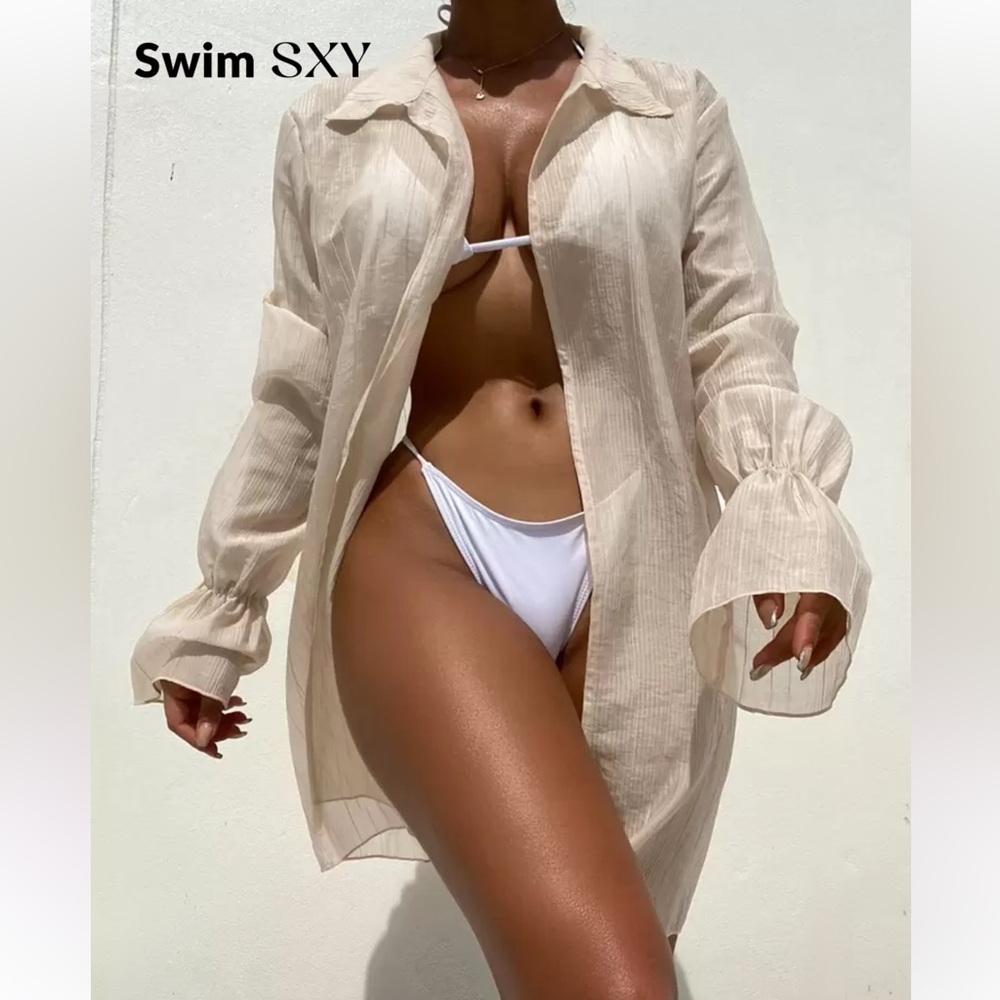 SHEIN Cream Long Sleeve Beach Cover-Up Shirt